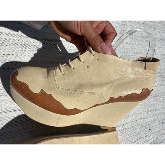 Reike Nen Wedge 9 / 40 Beige Leather Colorblock Lace-Up Ankle Boots Adult Womens - Picture 9 of 16